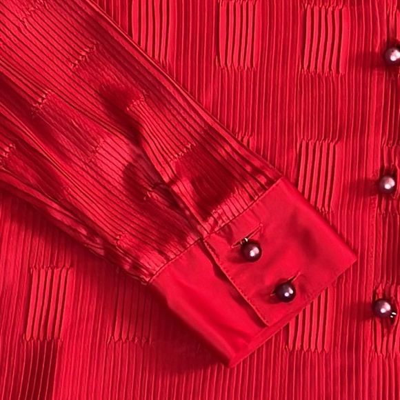 Red Silky Textured Long Sleeve Button Shirt - Picture 6 of 16